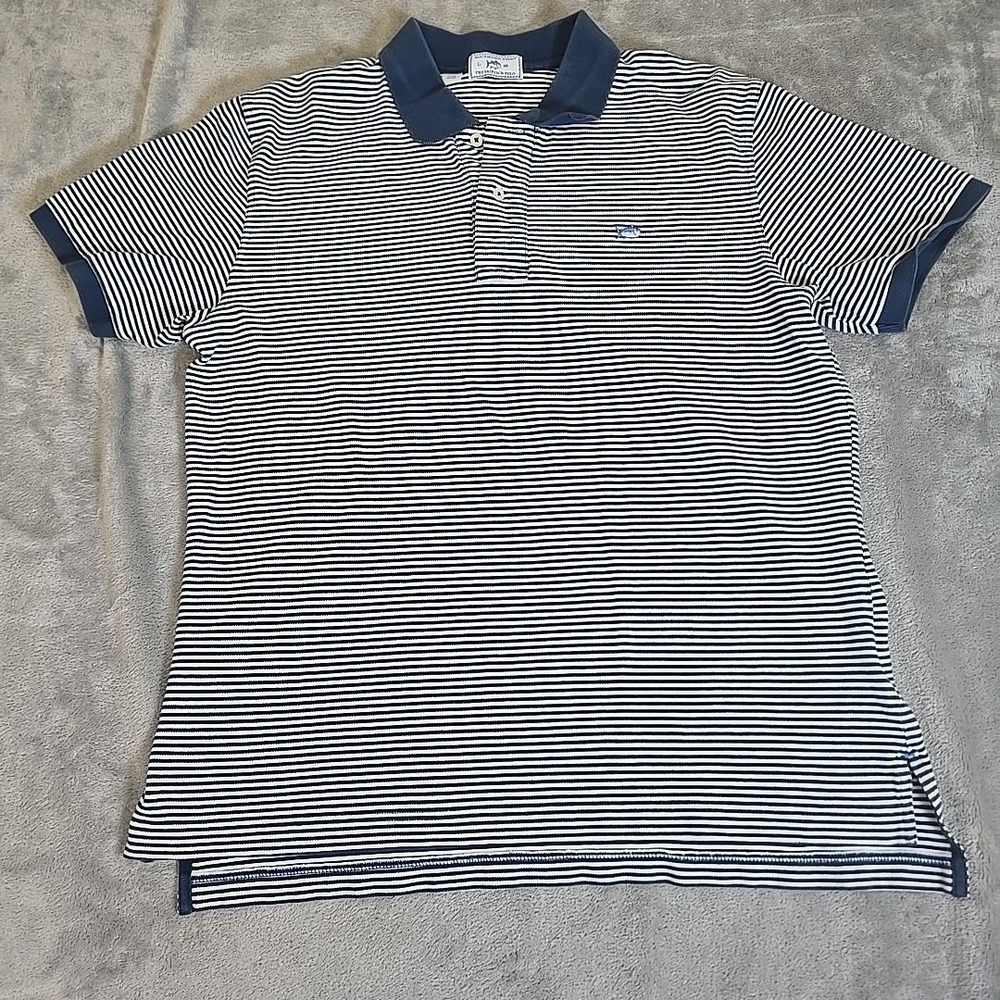 Southern Tide Shirt Mens Large Navy White Striped Fish Logo Polo Casual Outdoors